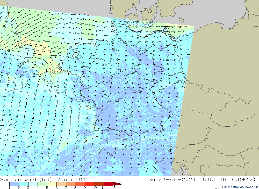  10 m (bft) Arome 01  22.09.2024 18 UTC