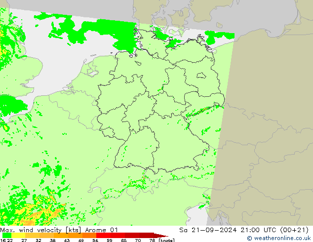 Max. wind velocity Arome 01 Sa 21.09.2024 21 UTC