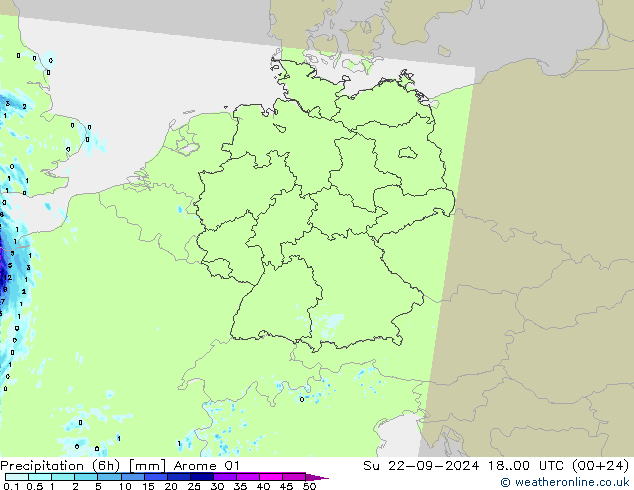 Totale neerslag (6h) Arome 01 zo 22.09.2024 00 UTC