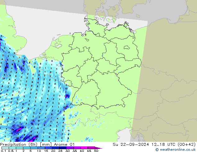 Precipitation (6h) Arome 01 Su 22.09.2024 18 UTC