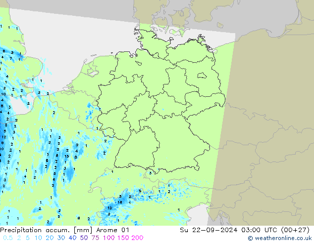 Precipitation accum. Arome 01 nie. 22.09.2024 03 UTC