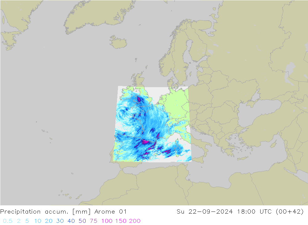 Precipitación acum. Arome 01 dom 22.09.2024 18 UTC