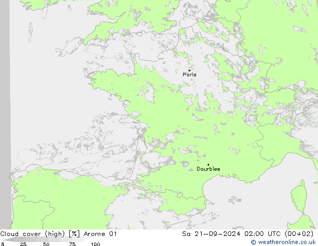 Cloud cover (high) Arome 01 Sa 21.09.2024 02 UTC