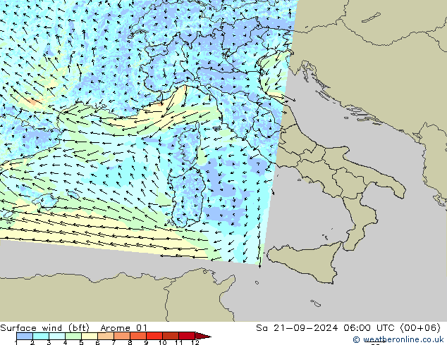 Vent 10 m (bft) Arome 01 sam 21.09.2024 06 UTC