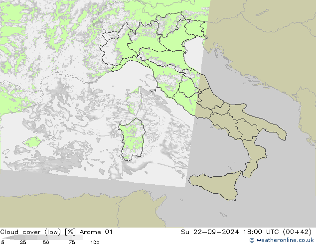 Cloud cover (low) Arome 01 Su 22.09.2024 18 UTC