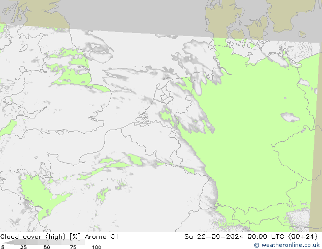 Cloud cover (high) Arome 01 Su 22.09.2024 00 UTC