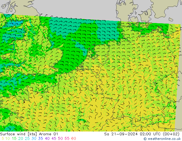 wiatr 10 m Arome 01 so. 21.09.2024 02 UTC