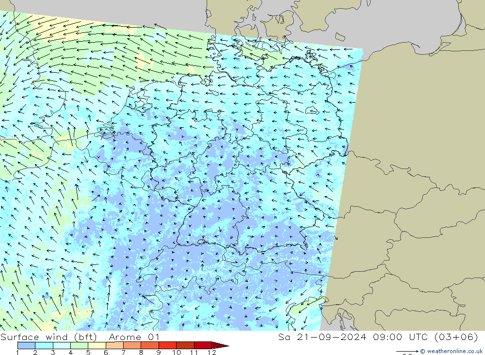 Bodenwind (bft) Arome 01 Sa 21.09.2024 09 UTC