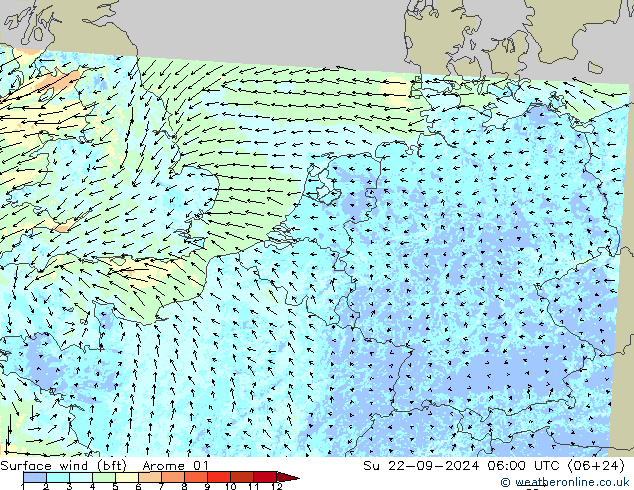 �N 10 米 (bft) Arome 01 星期日 22.09.2024 06 UTC