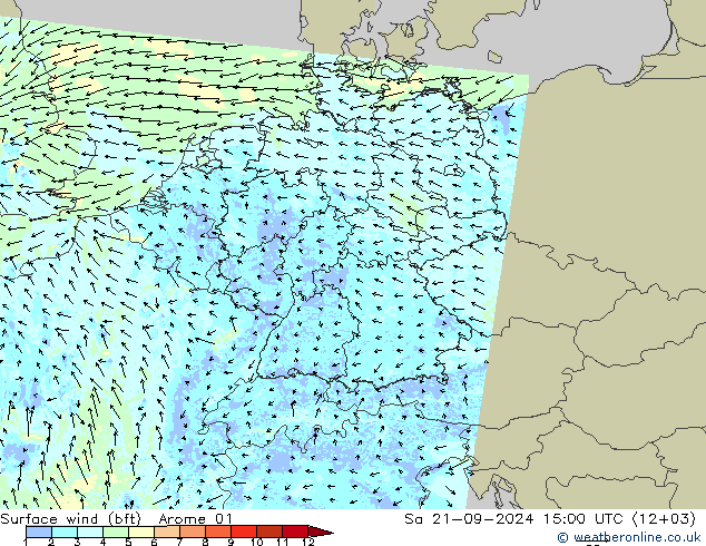 �N 10 米 (bft) Arome 01 星期六 21.09.2024 15 UTC