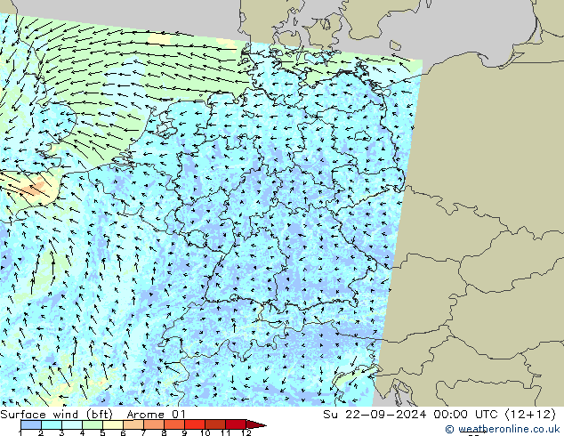 Bodenwind (bft) Arome 01 So 22.09.2024 00 UTC