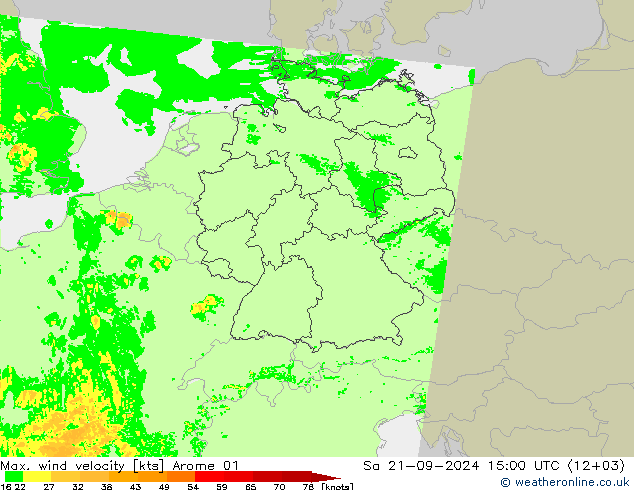 Max. wind velocity Arome 01 星期六 21.09.2024 15 UTC