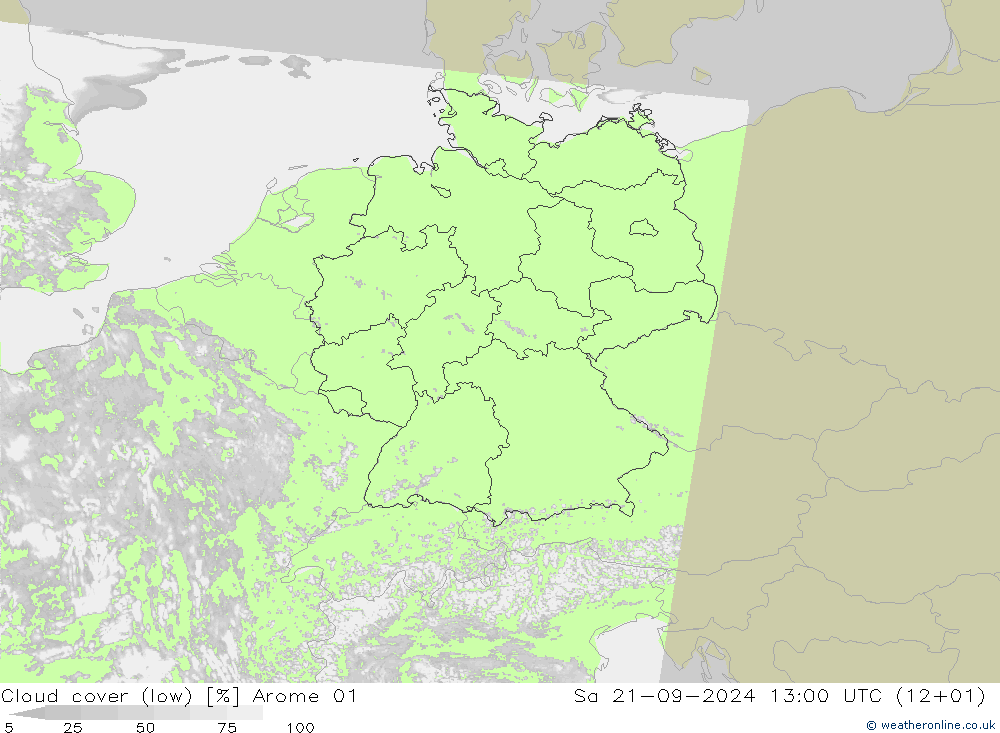 Cloud cover (low) Arome 01 Sa 21.09.2024 13 UTC