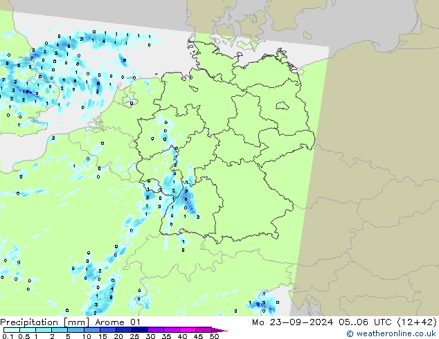 Niederschlag Arome 01 Mo 23.09.2024 06 UTC