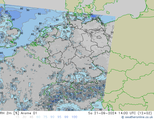 RH 2m Arome 01 星期六 21.09.2024 14 UTC