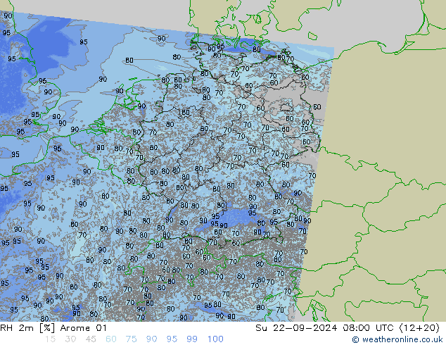 RH 2m Arome 01 星期日 22.09.2024 08 UTC