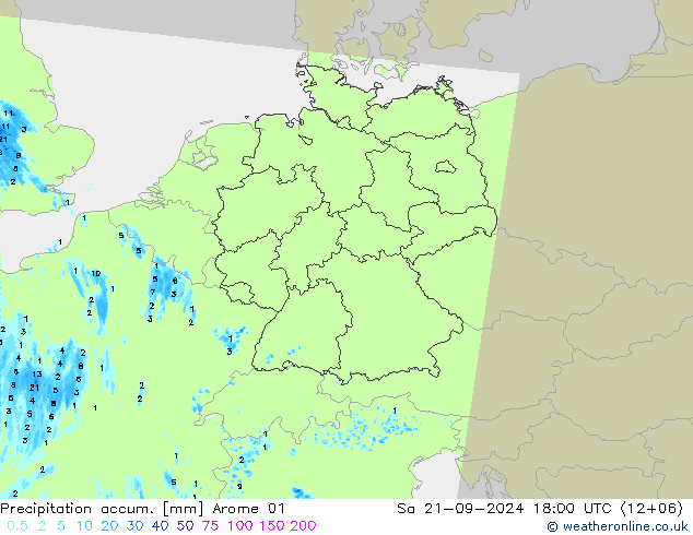 Precipitation accum. Arome 01 星期六 21.09.2024 18 UTC