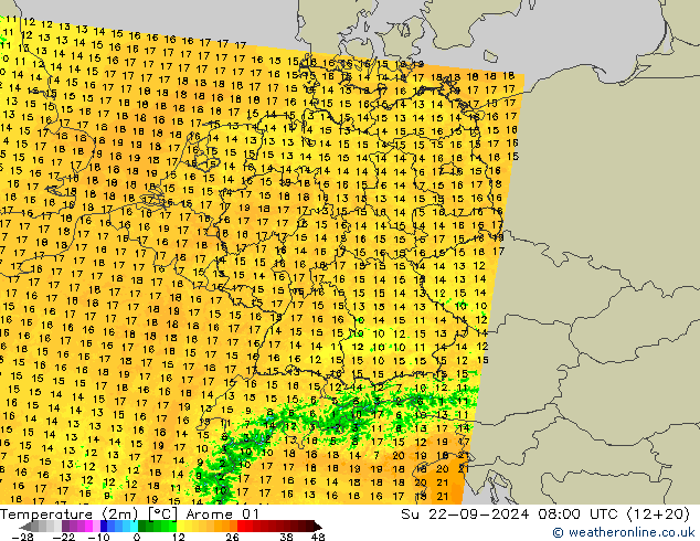 温度图 Arome 01 星期日 22.09.2024 08 UTC