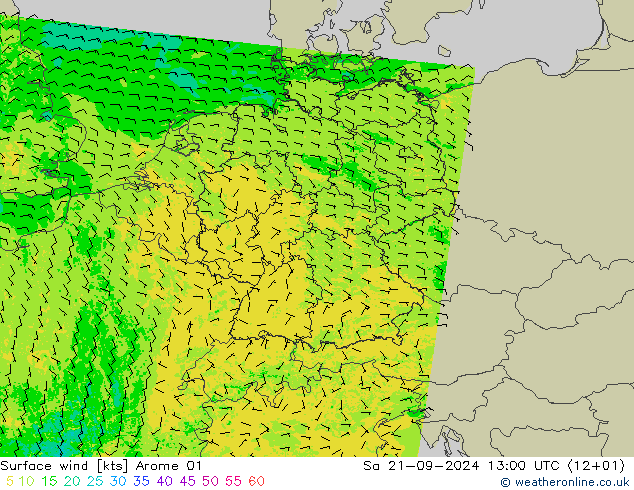 风 10 米 Arome 01 星期六 21.09.2024 13 UTC