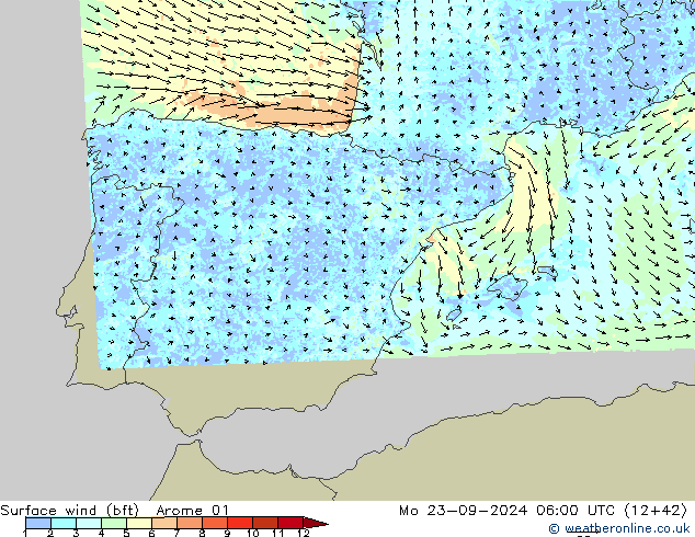 Bodenwind (bft) Arome 01 Mo 23.09.2024 06 UTC