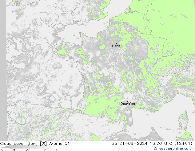 Cloud cover (low) Arome 01 Sa 21.09.2024 13 UTC