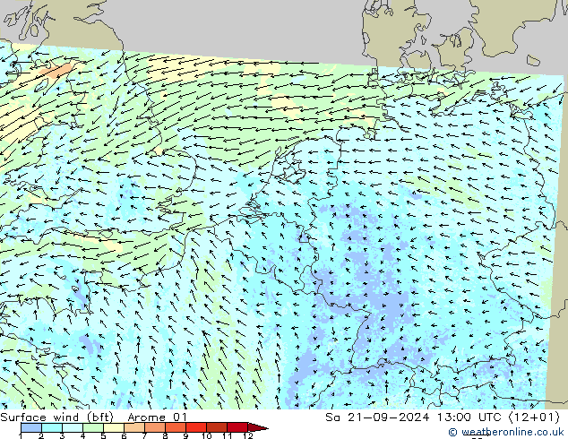 Bodenwind (bft) Arome 01 Sa 21.09.2024 13 UTC