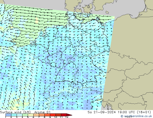 Bodenwind (bft) Arome 01 Sa 21.09.2024 19 UTC