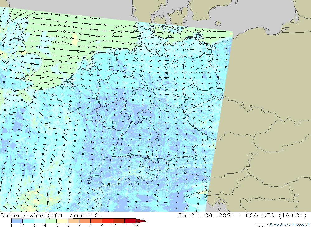 �N 10 米 (bft) Arome 01 星期六 21.09.2024 19 UTC