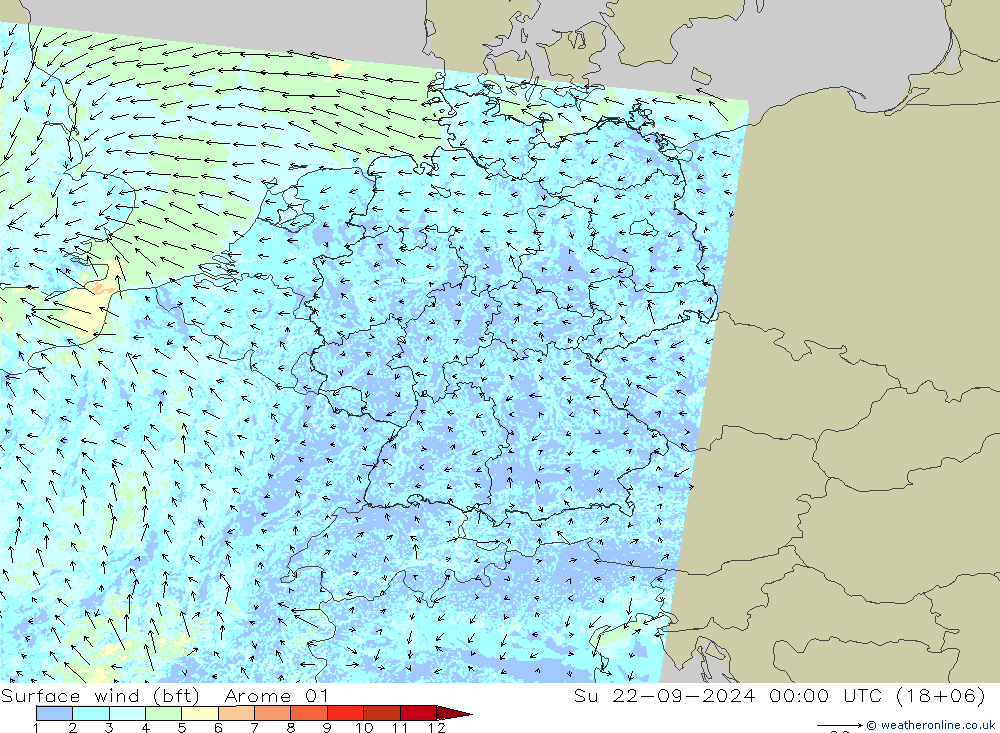 Bodenwind (bft) Arome 01 So 22.09.2024 00 UTC