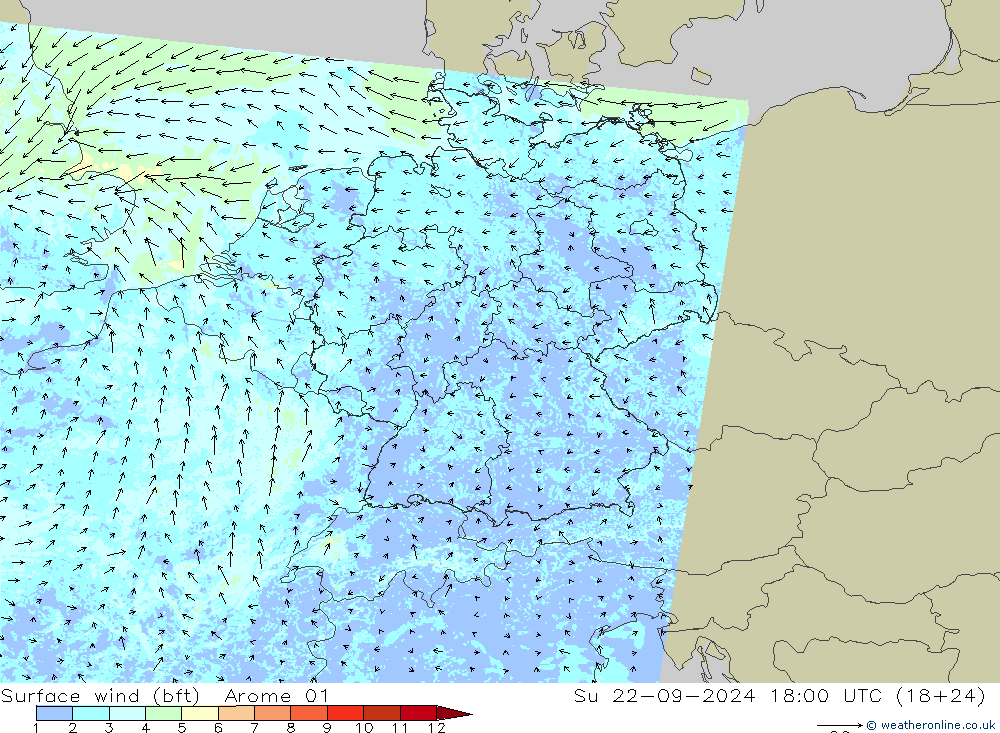 Surface wind (bft) Arome 01 Su 22.09.2024 18 UTC