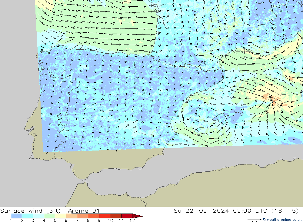 Bodenwind (bft) Arome 01 So 22.09.2024 09 UTC