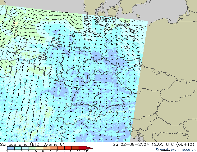 Viento 10 m (bft) Arome 01 dom 22.09.2024 12 UTC