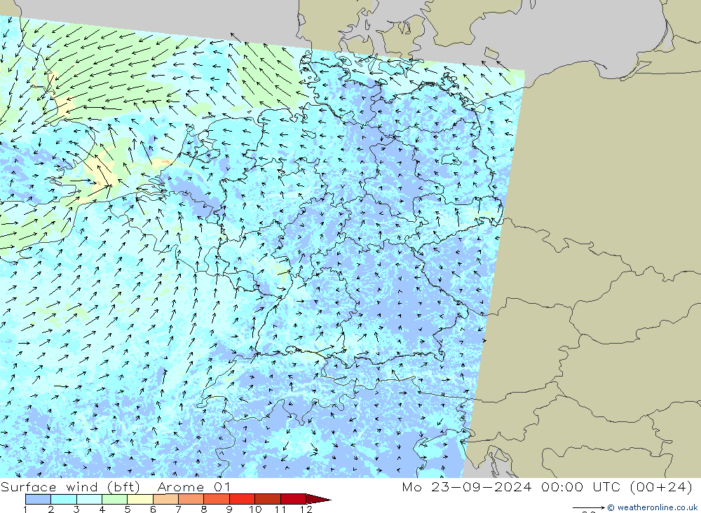 Surface wind (bft) Arome 01 Mo 23.09.2024 00 UTC