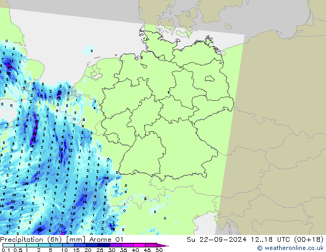 Precipitazione (6h) Arome 01 dom 22.09.2024 18 UTC