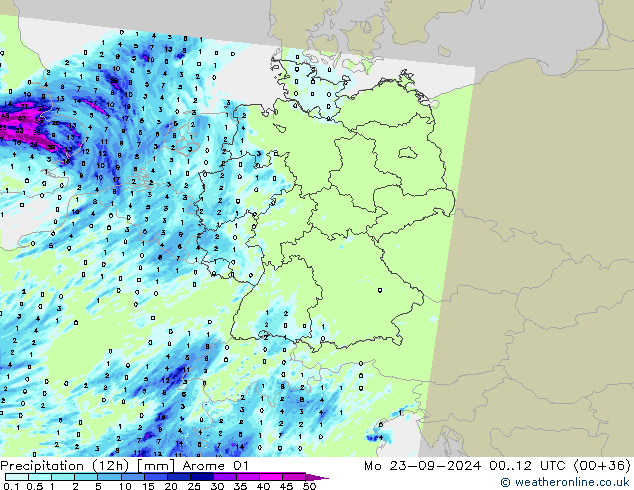 Totale neerslag (12h) Arome 01 ma 23.09.2024 12 UTC