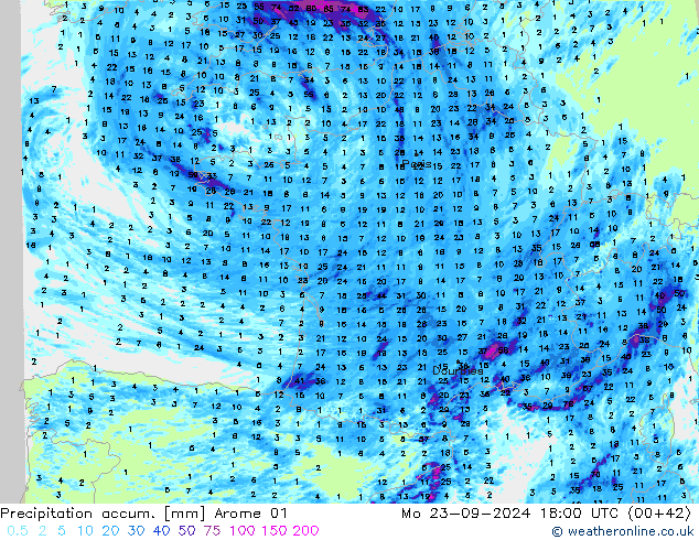 Precipitation accum. Arome 01 lun 23.09.2024 18 UTC