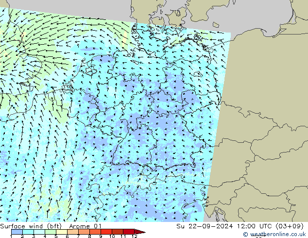 Surface wind (bft) Arome 01 Su 22.09.2024 12 UTC