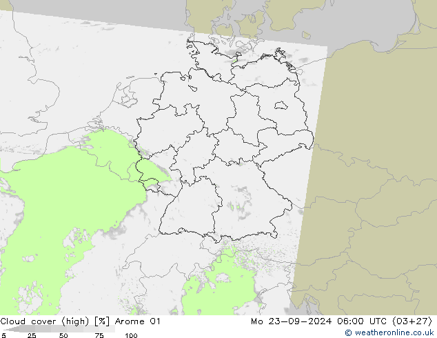 Cloud cover (high) Arome 01 Mo 23.09.2024 06 UTC