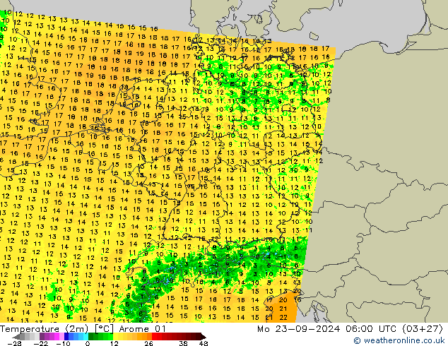 Temperatuurkaart (2m) Arome 01 ma 23.09.2024 06 UTC