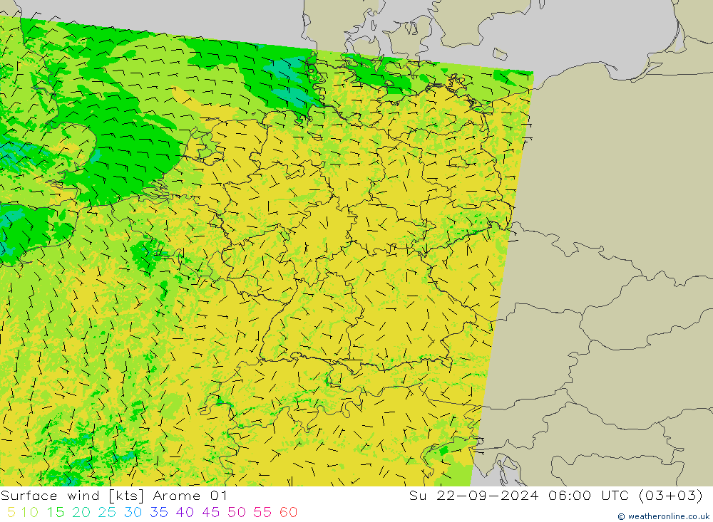 Viento 10 m Arome 01 dom 22.09.2024 06 UTC