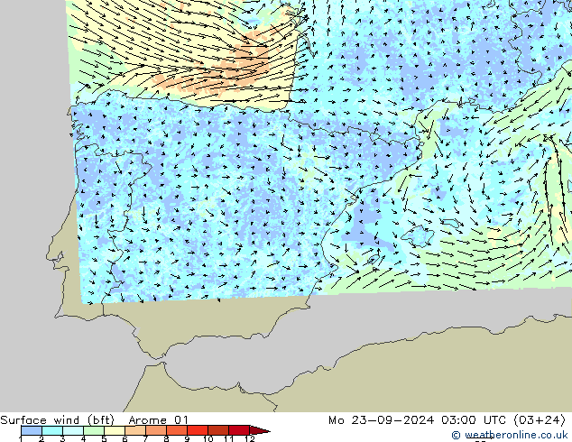 Wind 10 m (bft) Arome 01 ma 23.09.2024 03 UTC