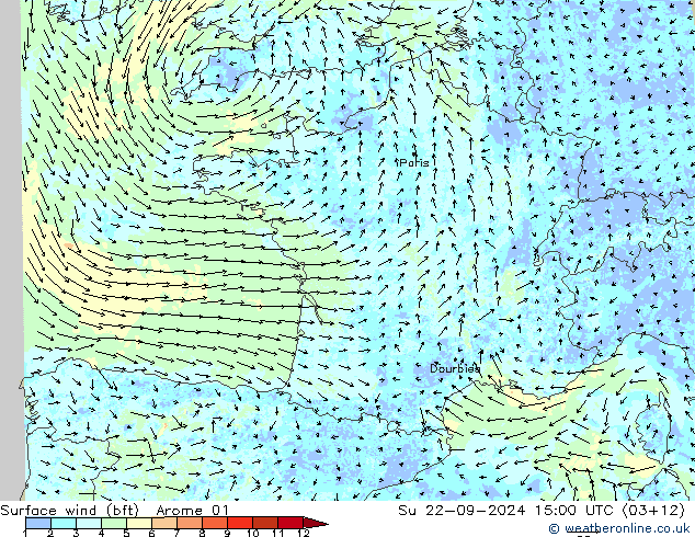 Surface wind (bft) Arome 01 Ne 22.09.2024 15 UTC