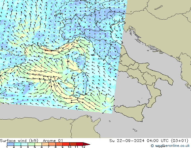 Vento 10 m (bft) Arome 01 Dom 22.09.2024 04 UTC