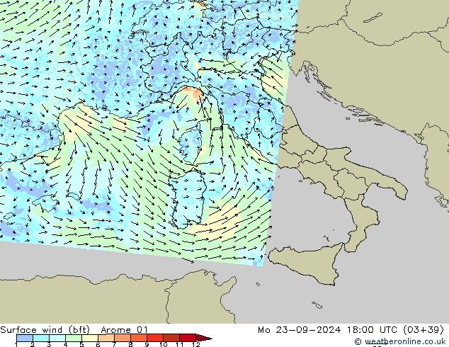 Surface wind (bft) Arome 01 Mo 23.09.2024 18 UTC