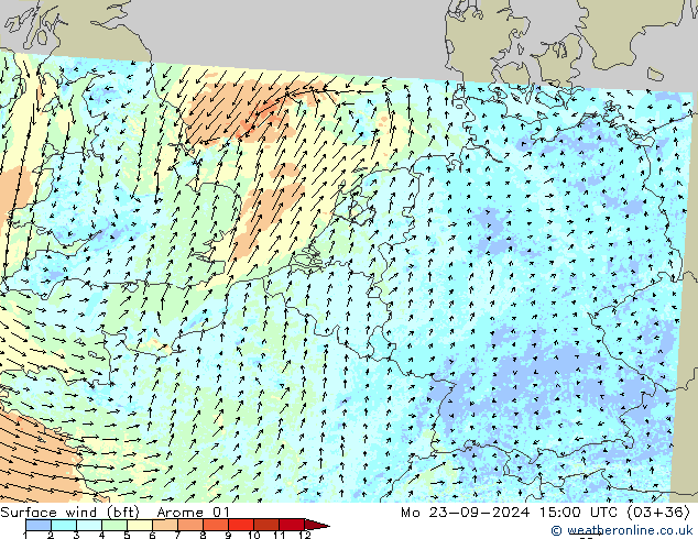 Bodenwind (bft) Arome 01 Mo 23.09.2024 15 UTC