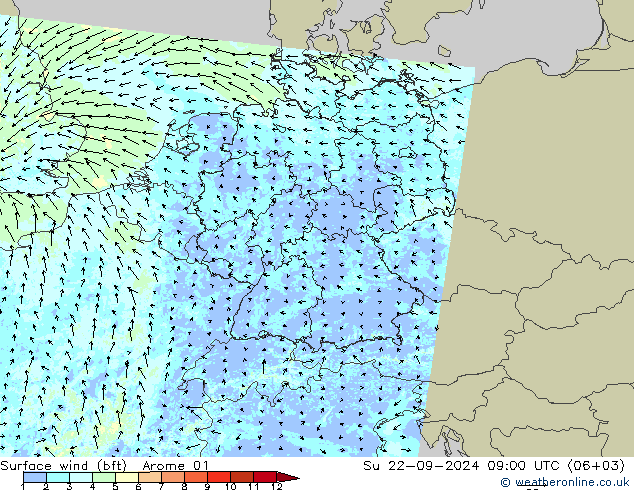 Rüzgar 10 m (bft) Arome 01 Paz 22.09.2024 09 UTC