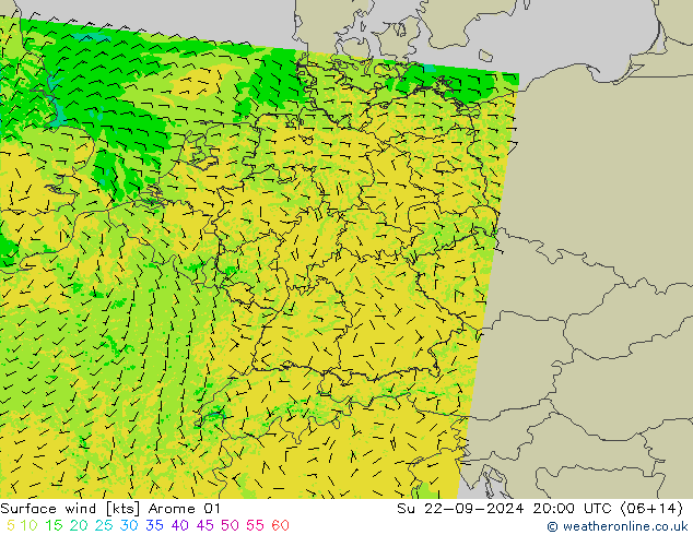 Wind 10 m Arome 01 zo 22.09.2024 20 UTC