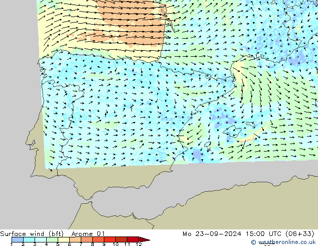Vento 10 m (bft) Arome 01 Seg 23.09.2024 15 UTC