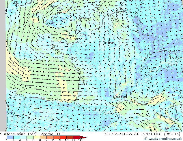 Wind 10 m (bft) Arome 01 zo 22.09.2024 12 UTC