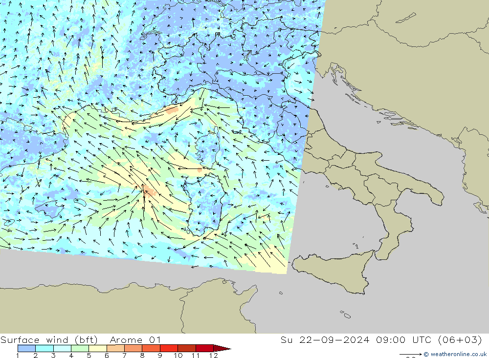 Bodenwind (bft) Arome 01 So 22.09.2024 09 UTC